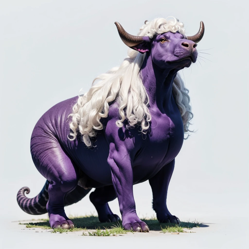 Big Animaly, has purple stripes on his skin, (has long fangs), his body is shaped like a big bull but his face is like a ant and snail, own Curly hair, white hair colour, Grassroots in the forest background