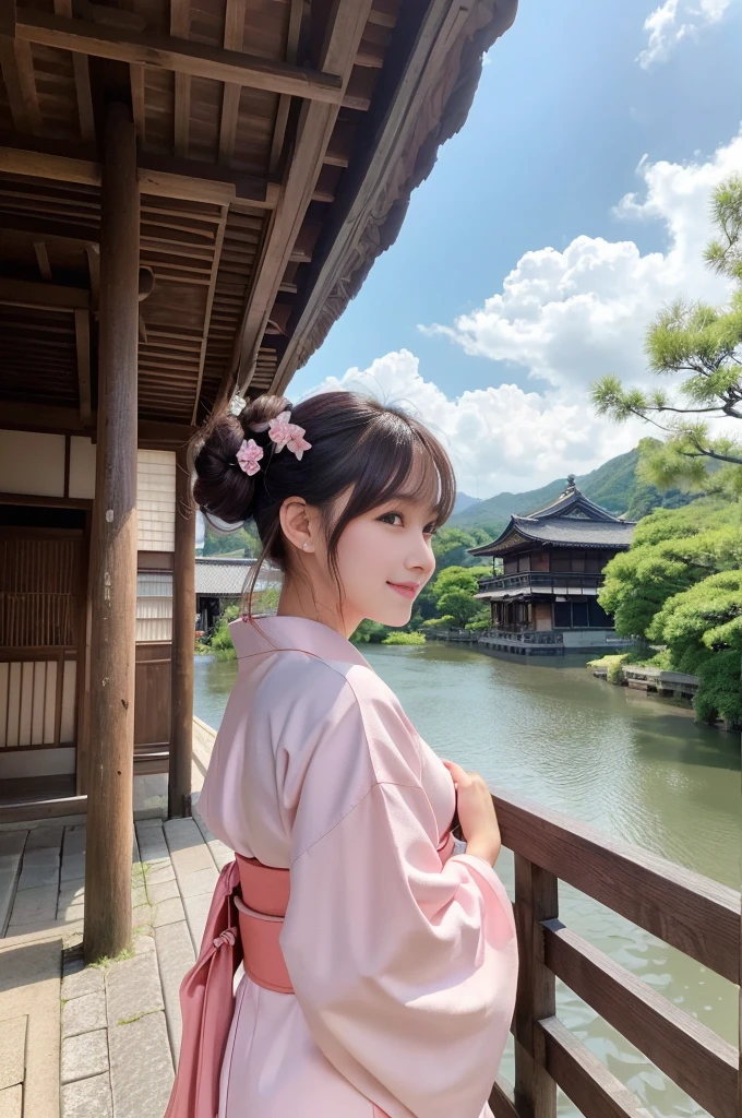 Japanese women、26 years old、princess、Hairpin、Bun Head、Pink kimono、Brown Hair、bangs、(RAW shooting, Photorealistic:1.5, 8k, highest quality, masterpiece, Ultra-high resolution), ((The background is the streetscape of the Edo period.、Old house、River side、))、Farmer、Rural Scenery、countryside、Highly detailed skin and facial textures:1.2, Cute like an idol、aesthetic, Cute and sexy beauty, Perfect Style:1.2, Fair skin, Very beautiful face, Glowing White Skin, (Mid-chest)、Dutch Angle、Low - Angle、Shooting from the side、Walking、smile、