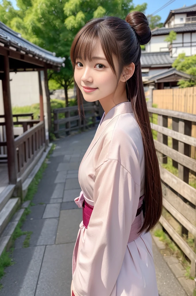 Japanese women、26 years old、princess、Hairpin、Bun Head、Pink kimono、Brown Hair、bangs、(RAW shooting, Photorealistic:1.5, 8k, highest quality, masterpiece, Ultra-high resolution), ((The background is the streetscape of the Edo period.、Old house、River side、))、Farmer、Rural Scenery、countryside、Highly detailed skin and facial textures:1.2, Cute like an idol、aesthetic, Cute and sexy beauty, Perfect Style:1.2, Fair skin, Very beautiful face, Glowing White Skin, (Mid-chest)、Dutch Angle、Low - Angle、Shooting from the side、Walking、smile、