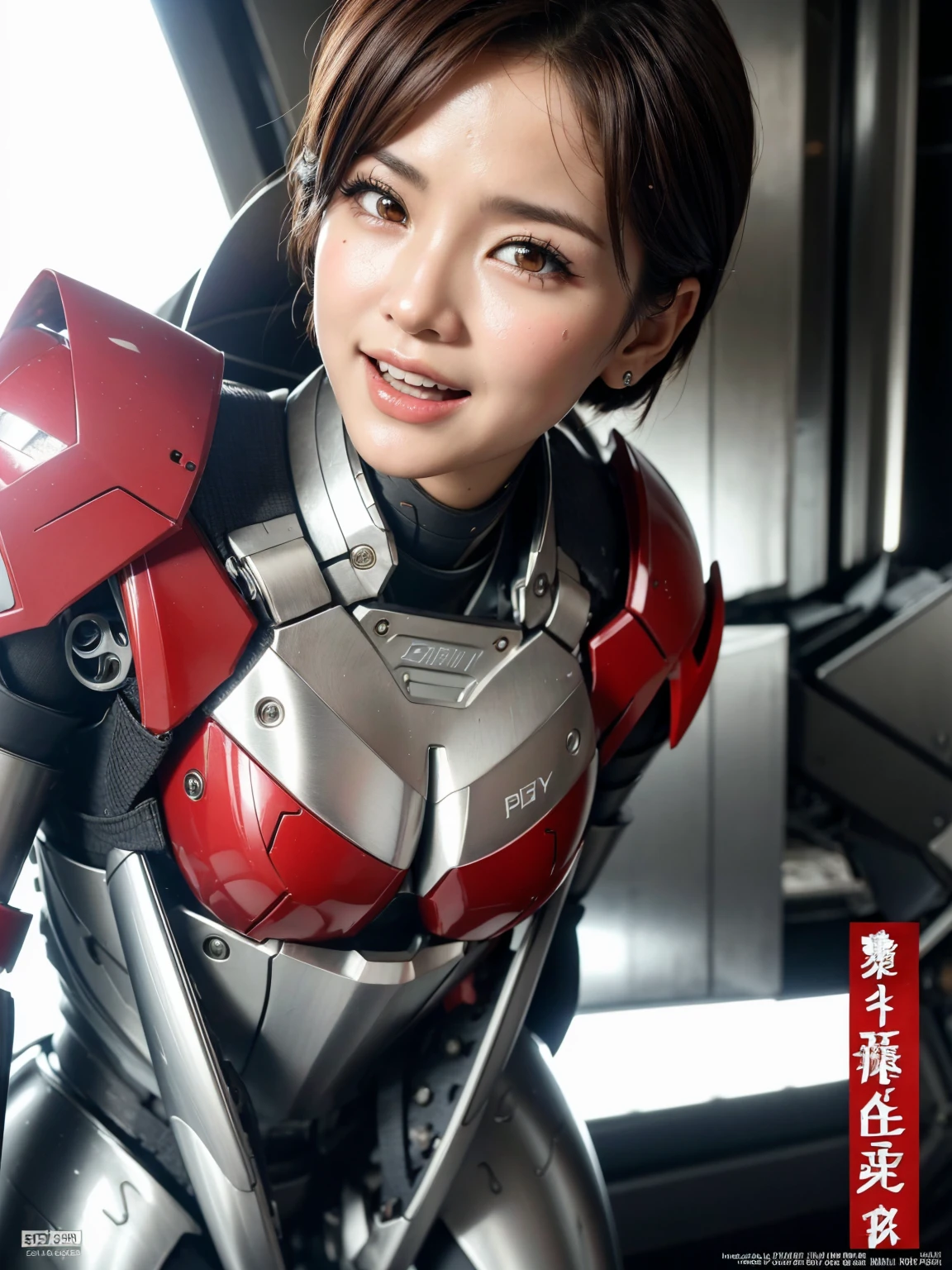 Textured skin, Super detailed, Attention to detail, high quality, 最high quality, High resolution, 1080p, hard disk, beautiful,(War Machine),beautifulサイボーグ女性,Shining red mecha cyborg girl,Very short hair、Sweaty brown eyes、Sexy Eyes、Laughter　Embarrassed expression　Open your mouth　Watery eyes　Middle-aged women　Aunt　(Full Body Shot)Looks spicy　(Limits of patience)  look up　　Direct sunlight　