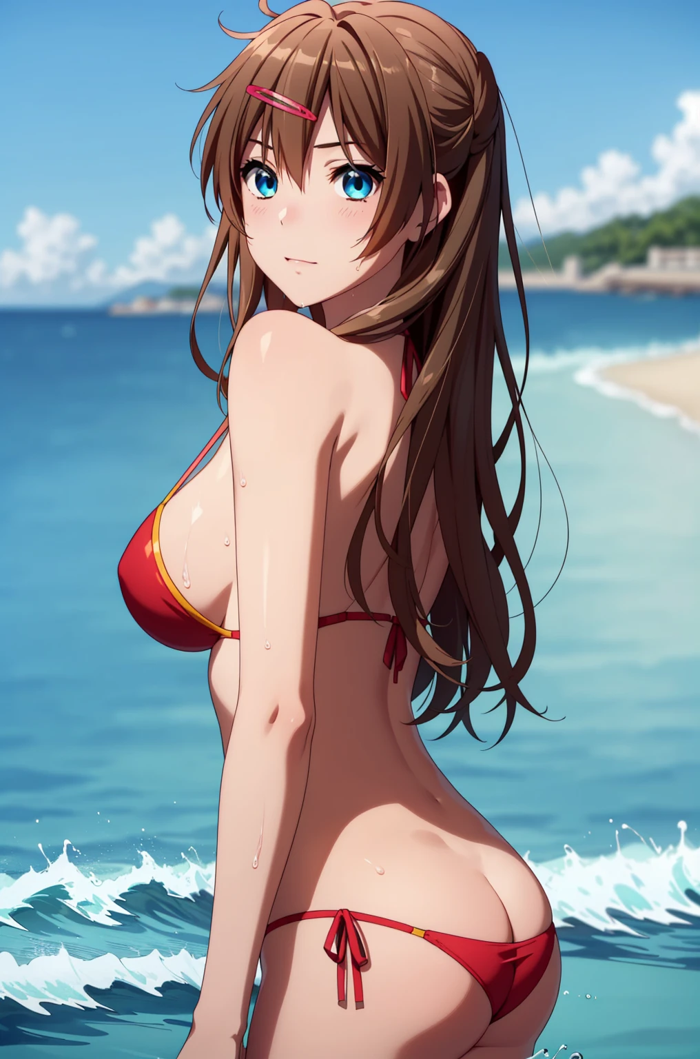 ((masterpiece, highest quality, High resolution, UHD, Pixel perfect, Depth of written boundary, 4K, rtx, HDR)), 1 Girl, single, alone, 24-years-old, Beautiful Anime Girls, Beautiful art style, anime character, ((Parted bangs, Brown Hair)), (blue eyes、Round eyes, Delicate eyelashes、Beautiful eyelashes, Perfect Eyes), (Detailed face:1.2), (Smooth texture:0.75, Realistic texture:0.65, Realistic:1.2, Cinematic, Anime CG Style), Perfect body, Ocean:1.3、Moderately good breasts:1.7、Red Micro Bikini Swimsuit:1.8、Visible from the thighs:1.9、Wet、Water Drop、Splash、、visible from below、Seen from behind、Oceanの中