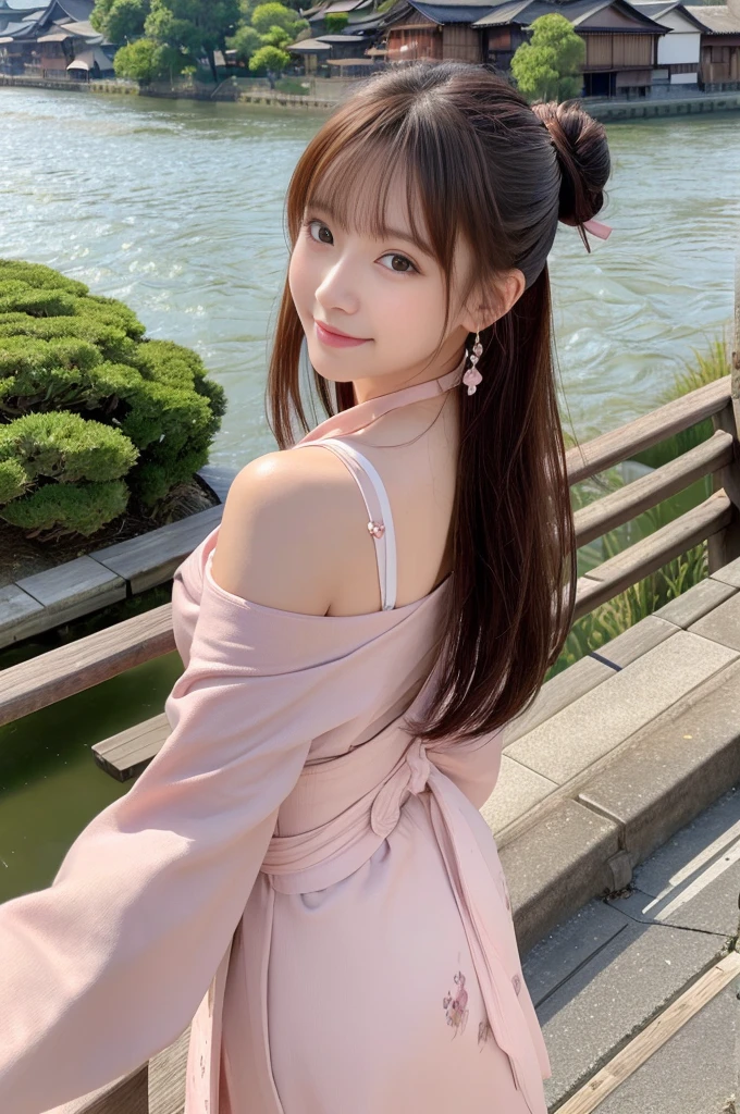 Japanese women、26 years old、princess、Hairpin、Bun Head、Pink kimono、Brown Hair、bangs、(RAW shooting, Photorealistic:1.5, 8k, highest quality, masterpiece, Ultra-high resolution), ((The background is the streetscape of the Edo period.、Old house、River side、))、Farmer、Rural Scenery、countryside、Highly detailed skin and facial textures:1.2, Cute like an idol、aesthetic, Cute and sexy beauty, Perfect Style:1.2, Fair skin, Very beautiful face, Glowing White Skin, (Mid-chest)、Dutch Angle、Low - Angle、Photographed from the front、Walking、smile、