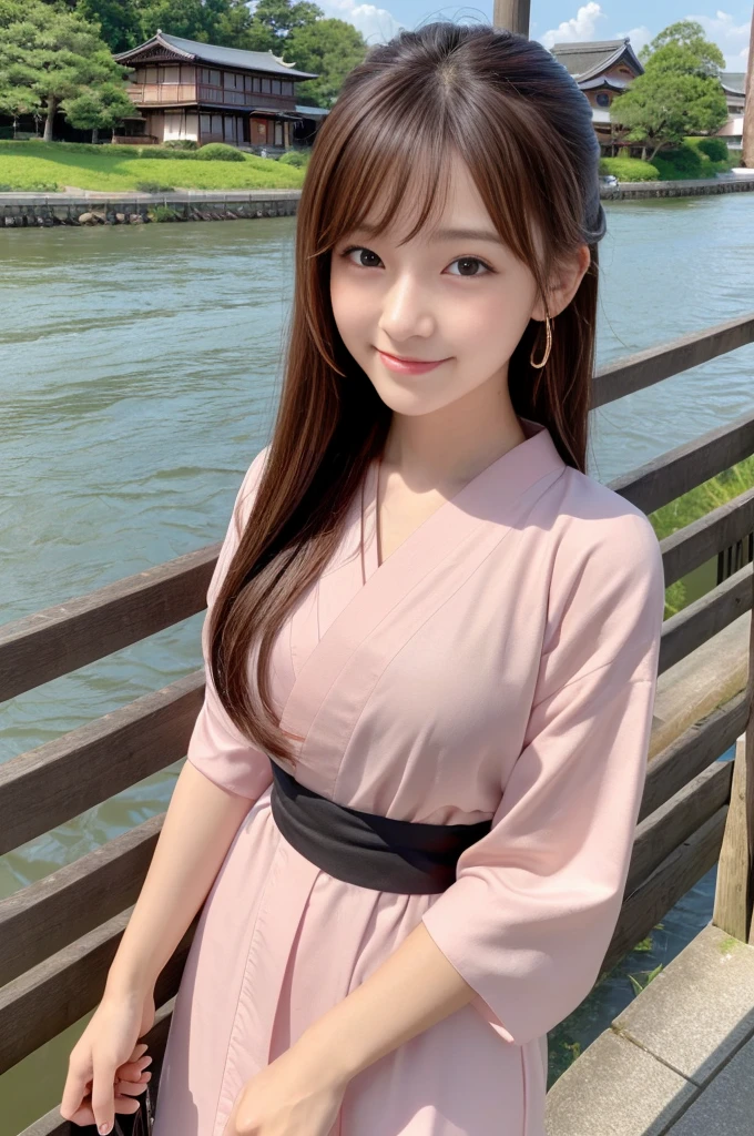 Japanese women、26 years old、princess、Hairpin、Bun Head、Pink kimono、Brown Hair、bangs、(RAW shooting, Photorealistic:1.5, 8k, highest quality, masterpiece, Ultra-high resolution), ((The background is the streetscape of the Edo period.、Old house、River side、))、Farmer、Rural Scenery、countryside、Highly detailed skin and facial textures:1.2, Cute like an idol、aesthetic, Cute and sexy beauty, Perfect Style:1.2, Fair skin, Very beautiful face, Glowing White Skin, (Mid-chest)、Dutch Angle、Low - Angle、Shooting from behind、Walking、