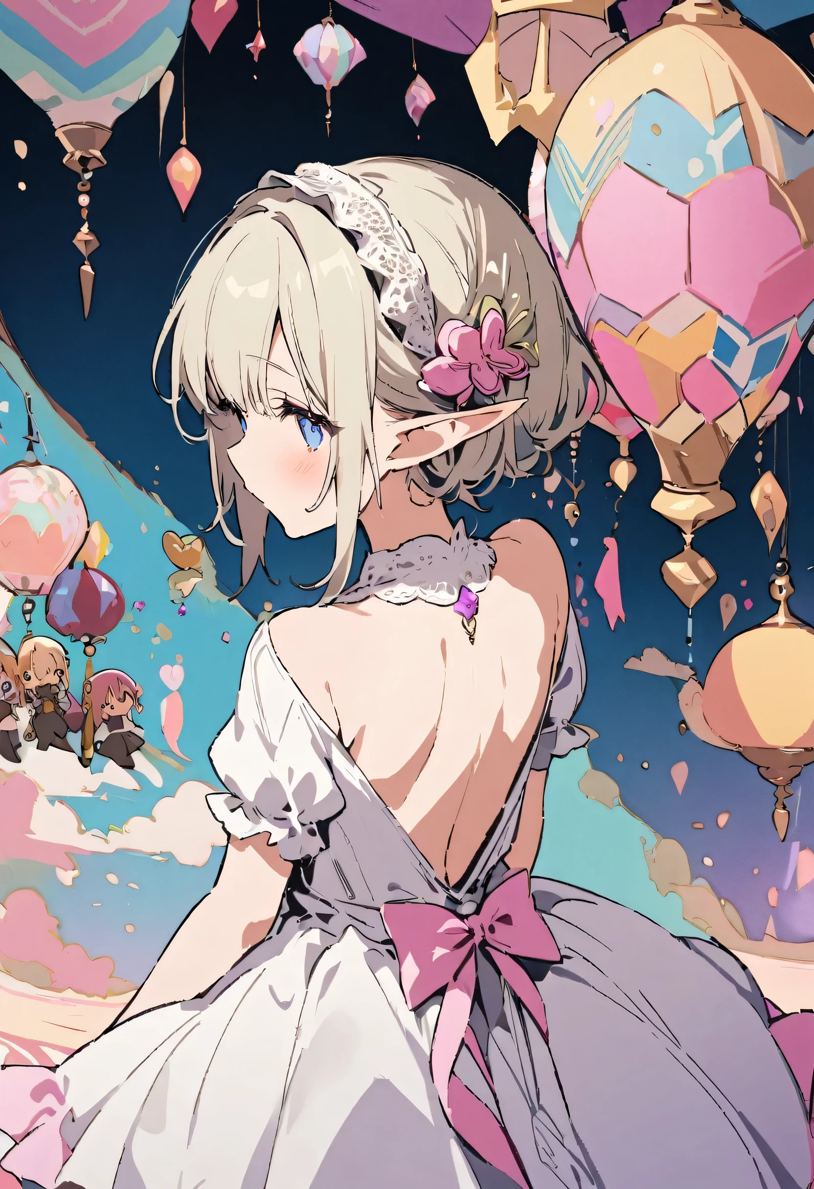 masterpiece, highest quality, Illustration of the novel, High resolution, 18+ Adult content, Sensual, Intimate, Emotional, Passionate, romantic, sweet, Adorable, Innocent, Pure, Charming, Charming, Charm, Mysterious, Charming, Charming, Immersive, Charming, dream-like, Surreal, Imaginative, Whimsical, artistic, Avant-garde, timeless, elegant, Sophisticated, chic, Sophisticated, personality, original, Charming,((Loli Elf:1.3)),((Back view:1.3))、Upper Body、(Little)