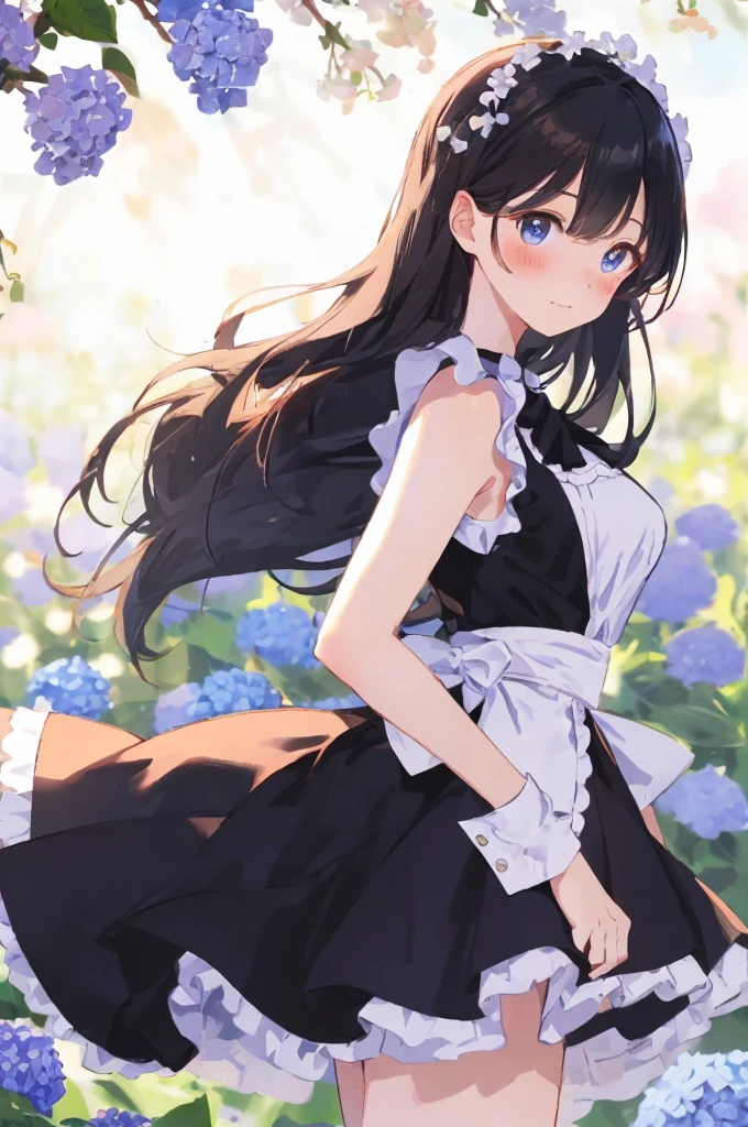 best quality, masterpiece, (solo:1.2), (1 Female:1.2)、Age 25、Larger breasts、(Slender figure)、(Maidスタイル)、Maid、(from side)、Thighs、(White highlight in pupil:1.2)、Dark blue eyes、(Black-haired:1.2)、(Long Hair)、(View your viewers:1.2)、White skin、(blush)、(Embarrassed expression)、Wooden veranda、(I blur the background a lot to make the woman stand out.:1.3)、(The sunlight shines in)、(Half backlight)、(Beautiful hydrangea flowers for background)、(Front blur)、(I see a rainbow in the distance)
