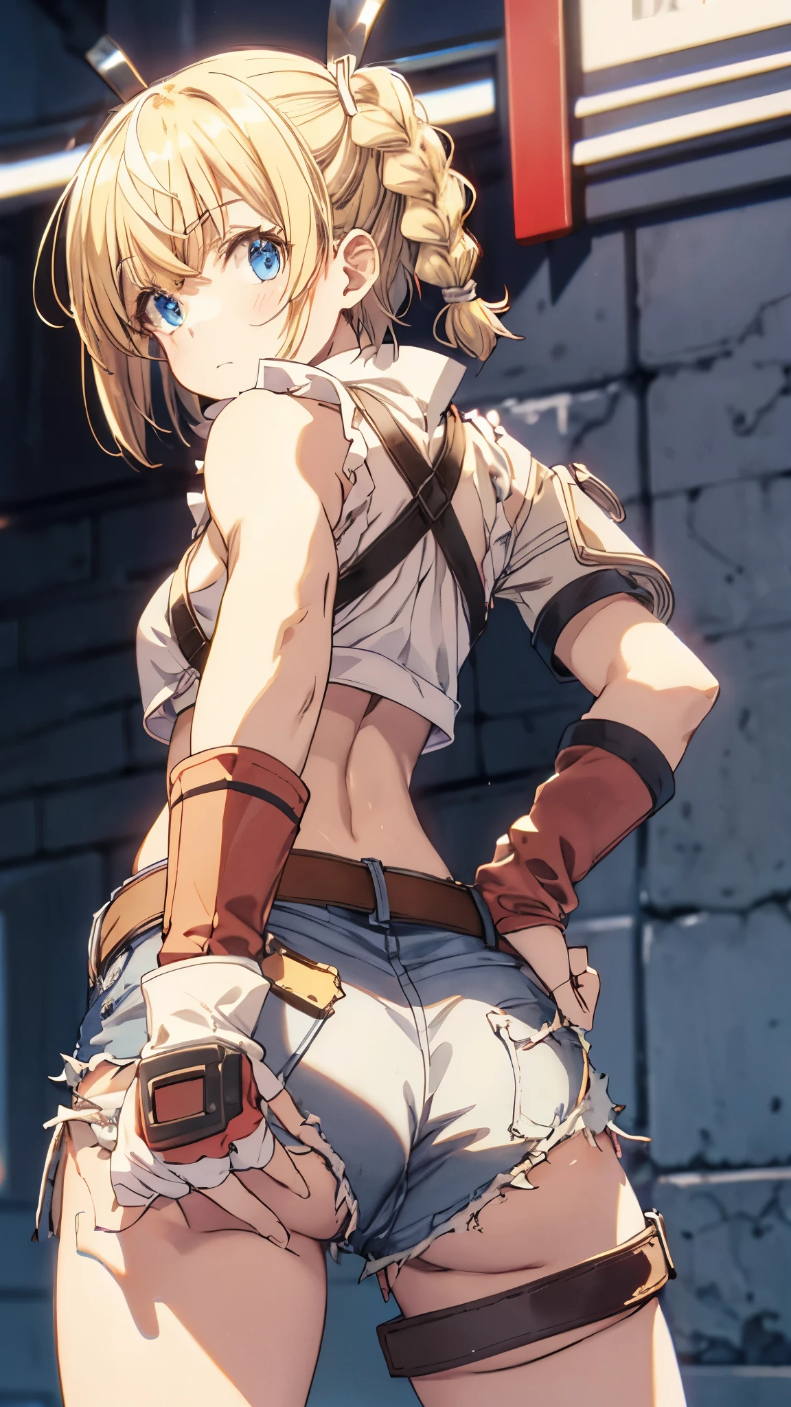 upper body,lammis, short hair, bangs, blue eyes, blonde hair, multicolored hair, streaked hair, braid, single braid, one side up,Big Ass,curvy,
shirt, gloves, navel, cleavage, white shirt, shorts, sleeveless, choker, midriff, belt, fingerless gloves, crop top, short shorts, sleeveless shirt, brown gloves, red gloves, blue shorts, denim shorts, black belt, brown belt,(ass focus,leaning forward:1.5),