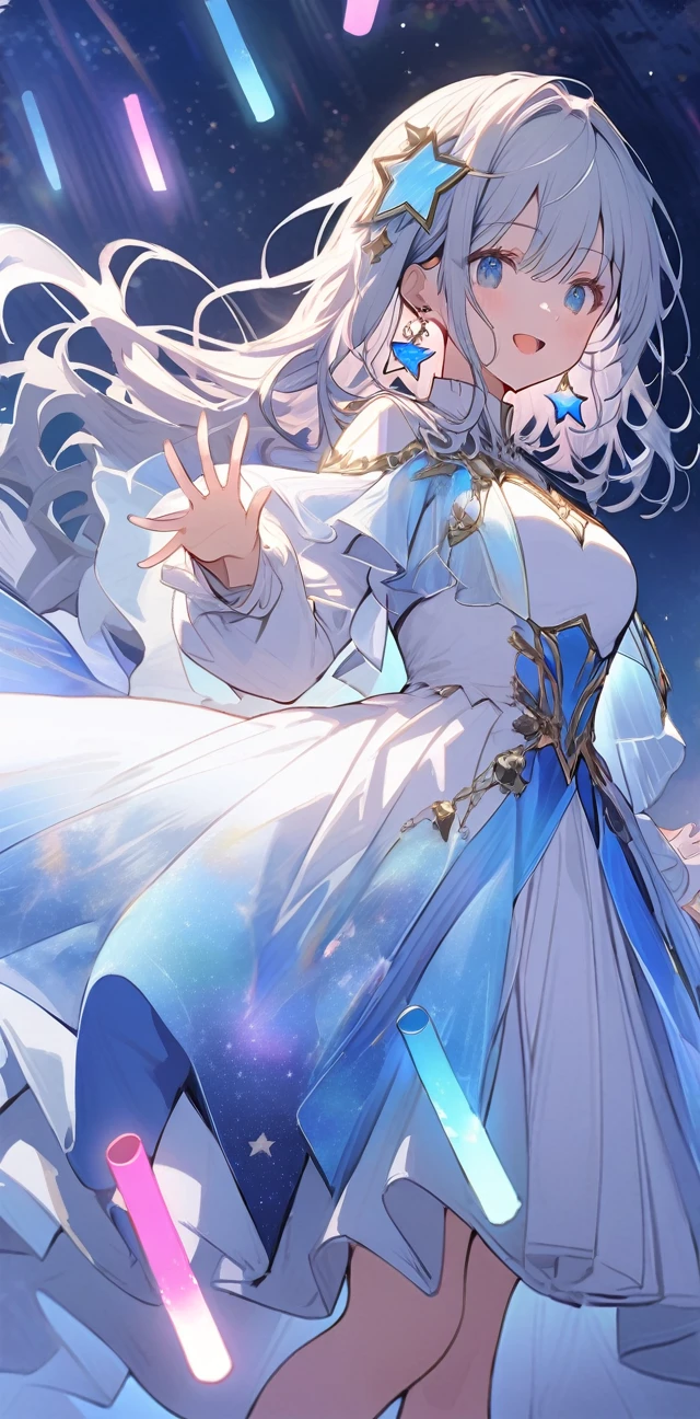 ((((Ethereal atmosphere, starry sky))), 1girl, singing, (standing pose), ((celestial clothing)), (silver hair), (glowing blue circuits), (long sleeves), (glowstick), (tiny stars around head), (starry background), (cosmic lights in the sky), (sparkling blue aura), (tiny stardust within aura), (tiny crystals on shoulder), (star-shaped earrings), (crystals on feet), ((wide shot)), facing viewer ((half-turned)), (arms relaxed), (looking down at feet), (music notes floating around), (song wavy lines near feet), (stars within aura), big smile, (joyful eyes), (aurora-like glow on fingers), (tiny sparks shooting from fingers), (cosmic lights around), background starry night)