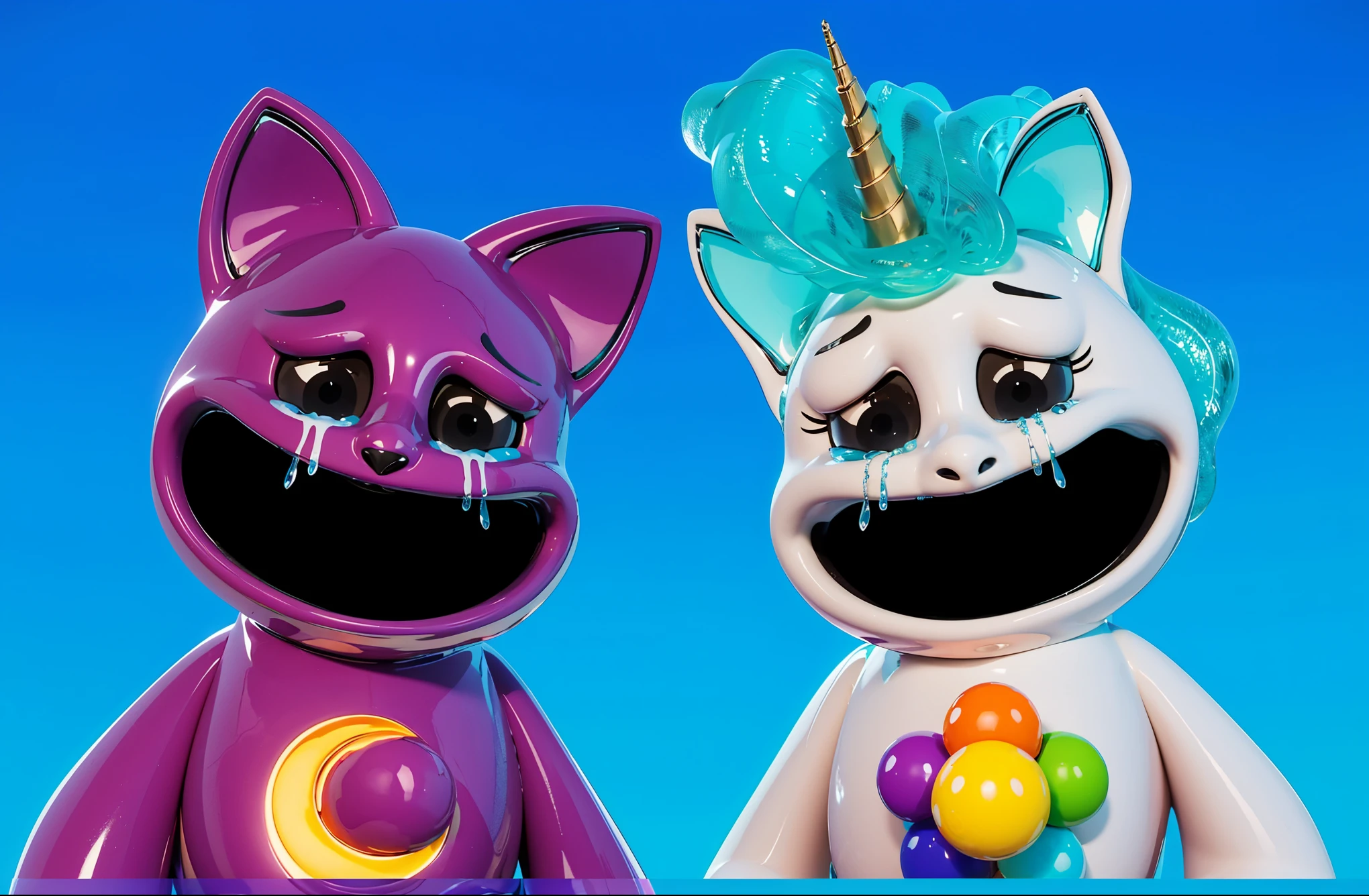 clouds, A 3D, glossy scene featuring two adorable latex-like purple cats with a shiny, plastic finish. The cats have large, expressive eyes and are positioned playfully on fluffy clouds in the night sky. The lighting is realistic, highlighting the glossy, reflective surfaces of the cats clouds and creating a vibrant, magical atmosphere. The overall clouds effect is smooth and polished, with the latex clouds and plastic textures enhancing the whimsical and lifelike appearance of the characters. cloudscartoon keyframe rendering, cute 3D rendering,,Create ultra sharp цветной рендеринг zbrush. perfect cgi, cgi art created only with gradients, smooth silhouette, Create ultra sharp skin, high intensity refraction, (plastic material), most beautiful vfx, blue background, plastic refractions, glossy texture, smooth 3d model, multiple light sources, rim light, sharp post effects render, (glossy plastic texture with multiple big light probe refractions), perfect cgi, cgi art created only with gradients, smooth silhouette, high intensity refraction, (plastic material), most beautiful vfx, blue background
