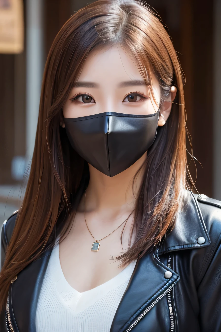 Beautiful Young Woman of the Year、 Korean women、Brown Hair、Necklace around the neck、leather jacket、shirt、Mask on mouth、Intricate details, Very detailed:1.2), 、 Looking into the camera,The background is the town、ear piercing