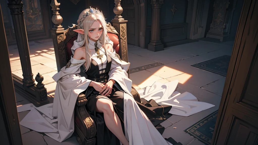 masterpiece, ultra detailed, 8K Portrait, Raw photo, a portrait photo of girl, Highly detailed face, beautiful and meticulous eyes, ((Fantasy)), (elf:1.0), 1woman, 30 year old, gray long hair, brown eyes, (melancholy expression:1.5), tiara, skinny, (ultra thin black transparent silk cloth), hooded long white coat Fluttering in the wind, ((bare foots)), Midday Sun, Hyper realistic, out of medieval castle in the sky, sitting on the throne, Ambient lighting, Shadow details , strong breeze, Light fog