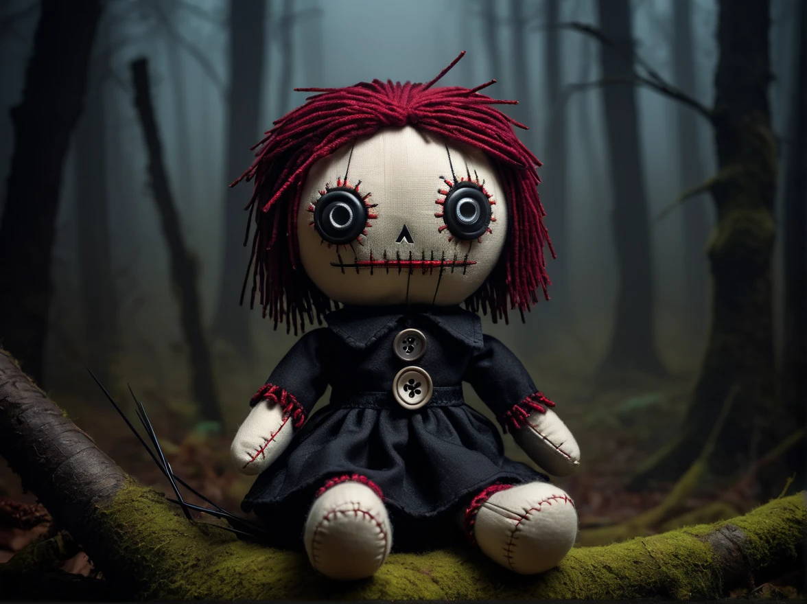 (knitted toy voodoo doll: 1.2), (stuck with needles: 1.5), triangle-shaped button eyes, dark atmosphere, background - dark, ominous forest with fog, gothic aesthetics, a sense of mystery and magic, best quality, masterpiece, soft oil painting, detailed background, dramatic cinematic lighting, soft edge lighting, professional, dramatic lighting, hard edge lighting, ultra quality, 4k, masterpiece, best quality, 8k, super high definition, high definition, extremely detailed