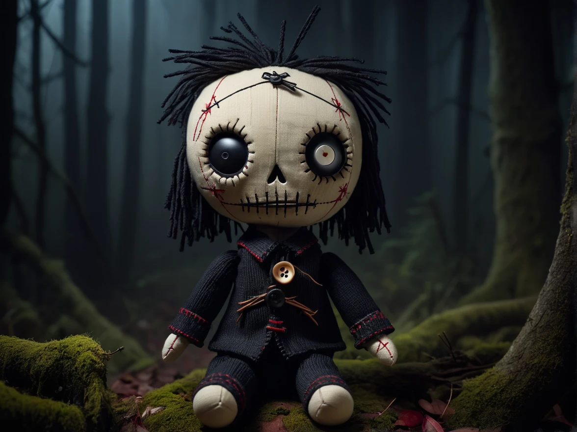 (knitted toy voodoo doll: 1.2), (stuck with needles: 1.5), triangle-shaped button eyes, dark atmosphere, background - dark, ominous forest with fog, gothic aesthetics, a sense of mystery and magic, best quality, masterpiece, soft oil painting, detailed background, dramatic cinematic lighting, soft edge lighting, professional, dramatic lighting, hard edge lighting, ultra quality, 4k, masterpiece, best quality, 8k, super high definition, high definition, extremely detailed