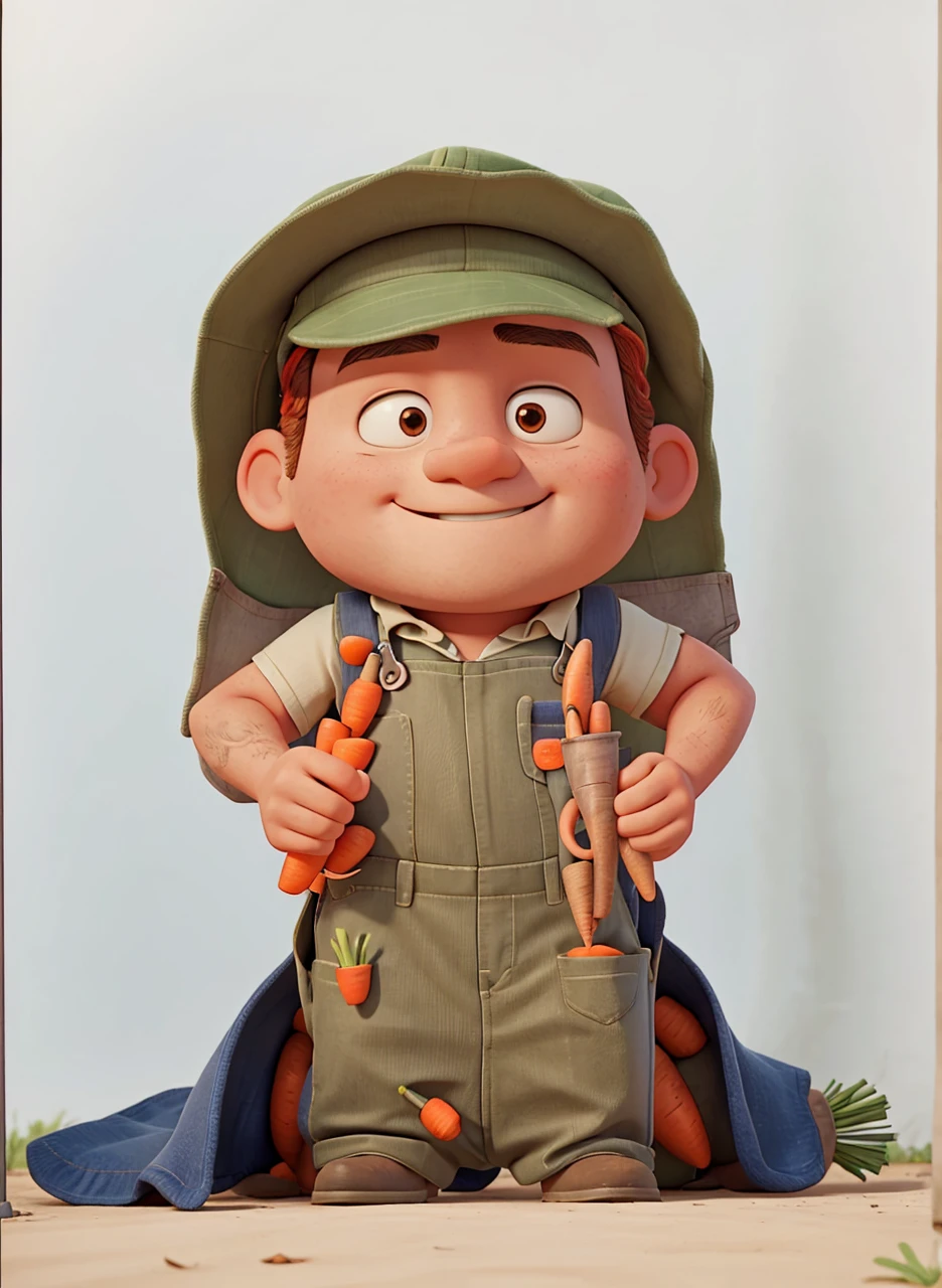 The gardener dressed in overalls who holds a rake and carrots in one hand and has a thumbs up in the other hand
