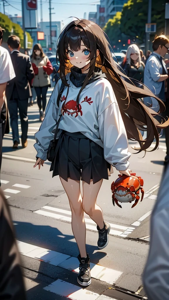 (A cute girl with long hair walking with a crab）
