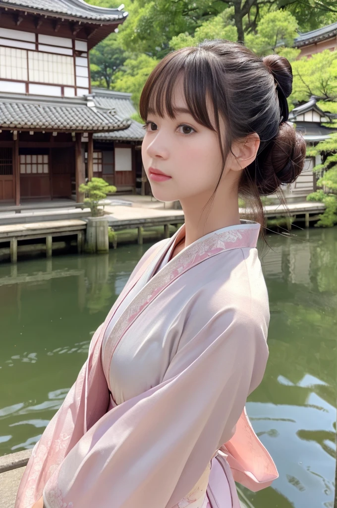 nsfw,Japanese women、26 years old、(naked)、princess、Hairpin、Beautiful nipples、Pink kimono、Brown Hair、ponytail、bangs、(RAW shooting, Photorealistic:1.5, 8k, highest quality, masterpiece, Ultra-high resolution), ((The background is the streetscape of the Edo period.、Old house、River side、))、Farmer、Rural Scenery、countryside、Highly detailed skin and facial textures:1.2, Cute like an idol、aesthetic, Cute and sexy beauty, Perfect Style:1.2, Fair skin, Very beautiful face, Glowing White Skin, (Mid-chest)、Dutch Angle、Low - Angle、Shooting from the side、Walking、