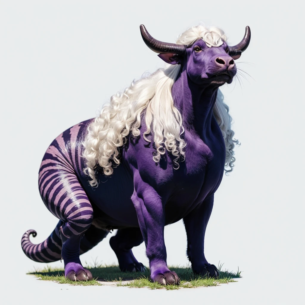 Big Animaly, has purple stripes on his skin, (has long fangs), his body is shaped like a big bull but his face is like a ant and snail, own Curly hair, white hair colour, Grassroots in the forest background 