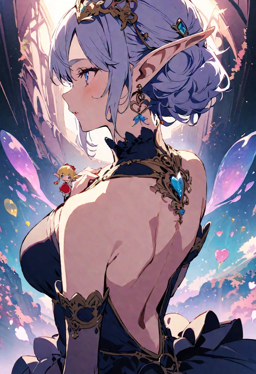 masterpiece, highest quality, Illustration of the novel, High resolution, 18+ Adult content, Sensual, Intimate, Emotional, Passionate, romantic, sweet, Adorable, Innocent, Pure, Charmな, Charmな, Charm, Mysterious, Charmな, Charmな, Immersive, Charmな, dream-like, Surreal, Imaginative, Whimsical, artistic, Avant-garde, timeless, elegant, Sophisticated, chic, Sophisticated, personality, original, Charmな,((Loli Elf:1.3)),((Back view:1.3))、Upper Body、(Little)