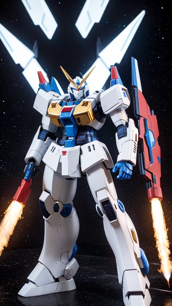 universe、Fierce battle with the enemy、Mobile Suit、White body with blue, red and gold accents、