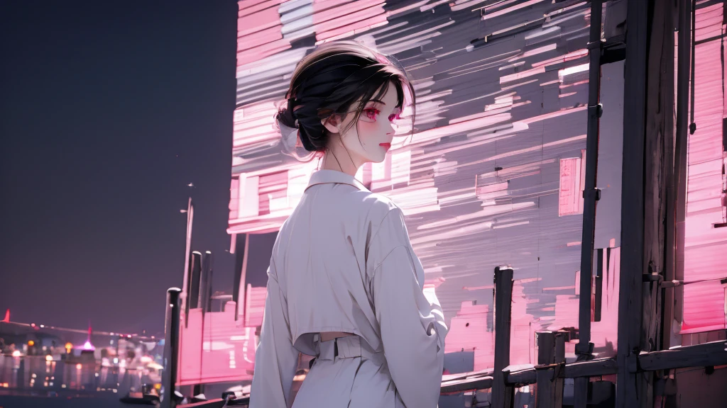 1 girl, medium light black hair, light pink eyes, wearing white suit,night city, absurdres, high res, ultrasharp, 8K, masterpiece, looking from behind