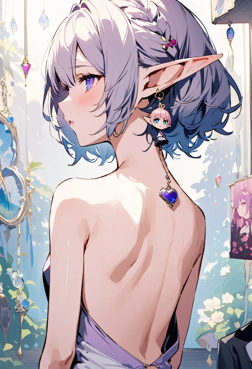 masterpiece, highest quality, Illustration of the novel, High resolution, 18+ Adult content, Sensual, Intimate, Emotional, Passionate, romantic, sweet, Adorable, Innocent, Pure, Charmな, Charmな, Charm, Mysterious, Charmな, Charmな, Immersive, Charmな, dream-like, Surreal, Imaginative, Whimsical, artistic, Avant-garde, timeless, elegant, Sophisticated, chic, Sophisticated, personality, original, Charmな,((Loli Elf:1.3)),((Back view:1.3))、Upper Body、(Little)