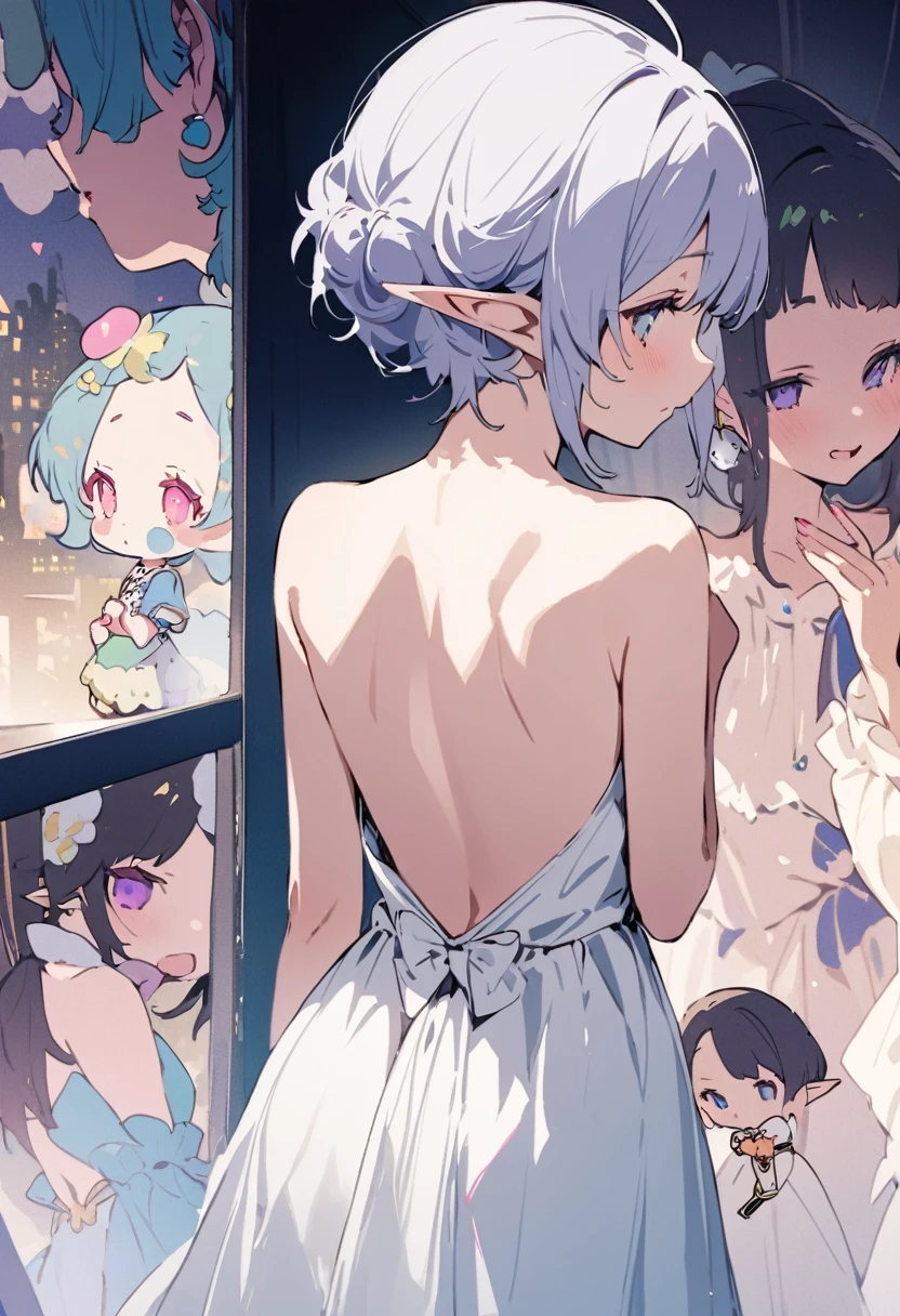 masterpiece, highest quality, Illustration of the novel, High resolution, 18+ Adult content, Sensual, Intimate, Emotional, Passionate, romantic, sweet, Adorable, Innocent, Pure, Charmな, Charmな, Charm, Mysterious, Charmな, Charmな, Immersive, Charmな, dream-like, Surreal, Imaginative, Whimsical, artistic, Avant-garde, timeless, elegant, Sophisticated, chic, Sophisticated, personality, original, Charmな,(( Elf:1.3)),((Back view:1.3))、Upper Body、(Little)