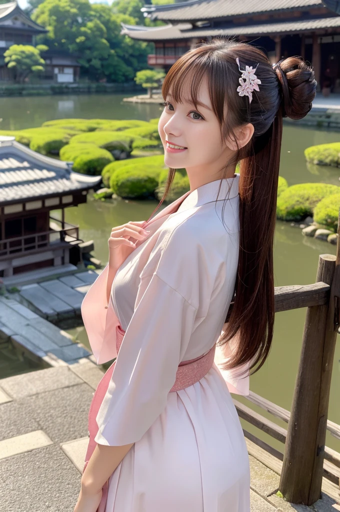 Japanese women、26 years old、princess、Hairpin、Bun Head、Pink kimono、Brown Hair、bangs、(RAW shooting, Photorealistic:1.5, 8k, highest quality, masterpiece, Ultra-high resolution), ((The background is the streetscape of the Edo period.、Old house、River side、))、Farmer、Rural Scenery、countryside、Highly detailed skin and facial textures:1.2, Cute like an idol、aesthetic, Cute and sexy beauty, Perfect Style:1.2, Fair skin, Very beautiful face, Glowing White Skin, (Mid-chest)、Dutch Angle、Low - Angle、Shooting from the side、Walking、smile、