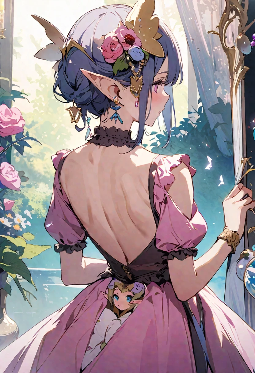 masterpiece, highest quality, Illustration of the novel, High resolution, 18+ Adult content, Sensual, Intimate, Emotional, Passionate, romantic, sweet, Adorable, Innocent, Pure, Charmな, Charmな, Charm, Mysterious, Charmな, Charmな, Immersive, Charmな, dream-like, Surreal, Imaginative, Whimsical, artistic, Avant-garde, timeless, elegant, Sophisticated, chic, Sophisticated, personality, original, Charmな,((Loli Elf:1.3)),((Back view:1.3))、Upper Body、(Little)
