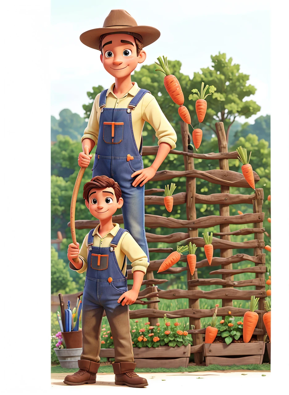 The gardener dressed in overalls who holds a rake and carrots in one hand and has a thumbs up in the other hand