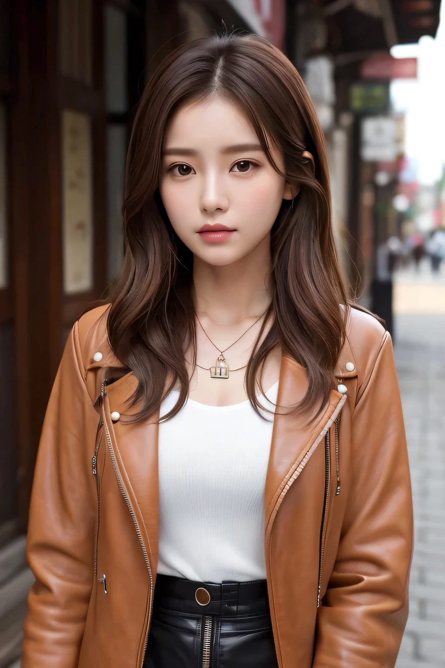 Beautiful Young Woman of the Year、 Korean women、Brown Hair、Necklace around the neck、leather jacket、shirt、Expressionless、Intricate details, Very detailed:1.2), 、 Looking into the camera,The background is the town、ear piercing