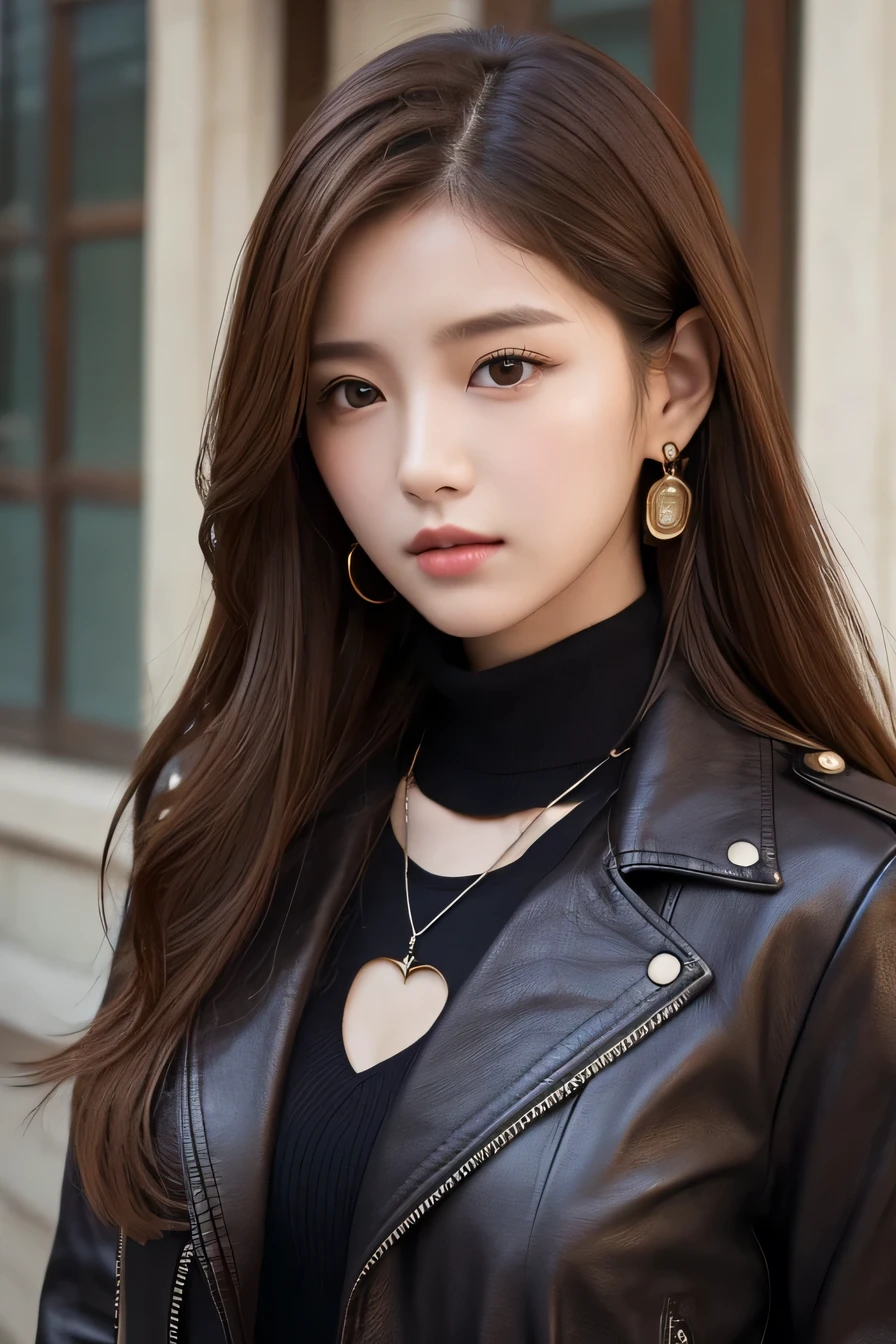 Beautiful Young Woman of the Year、 Korean women、Brown Hair、Necklace around the neck、leather jacket、shirt、Expressionless、Intricate details, Very detailed:1.2), 、 Looking into the camera,The background is the town、ear piercing