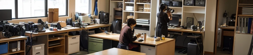 Inside the office, cameras and lenses are lined up on the shelves. A Japanese woman is photographing with a camera and lens at a workbench in the back of the office.