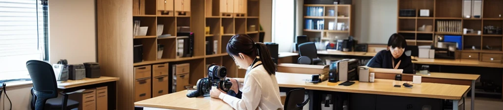 Inside the office, cameras and lenses are lined up on the shelves. A Japanese woman is photographing with a camera and lens at a workbench in the back of the office.