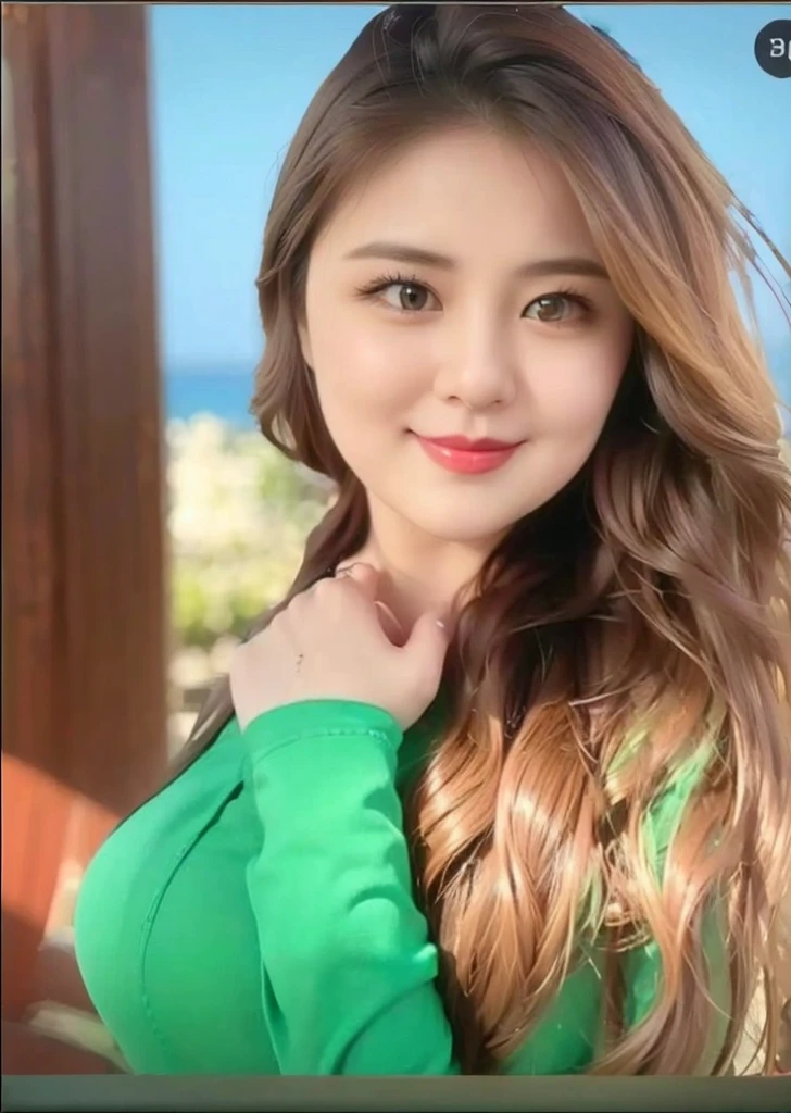 ((top quality、8k、masterpiece:1.3))、sharp focus, High level of image quality, high resolution，Draw lips correctly, red lipstick, from chest up, best quality, Super detailed, lifelike, Super fine skin, perfect anatomy, (Chinese women), (alone)Wear a floral green shirt，Buttons clearly visible，The buttons are all buttoned，white pants，。40 year old female，adult，charming smile，Chubby face，Round cheeks， ，Fat face，Chubby round face，big eyes，wavy long hair，Big breasts，Chubby body，，Leg length，stand，stand up，beach background