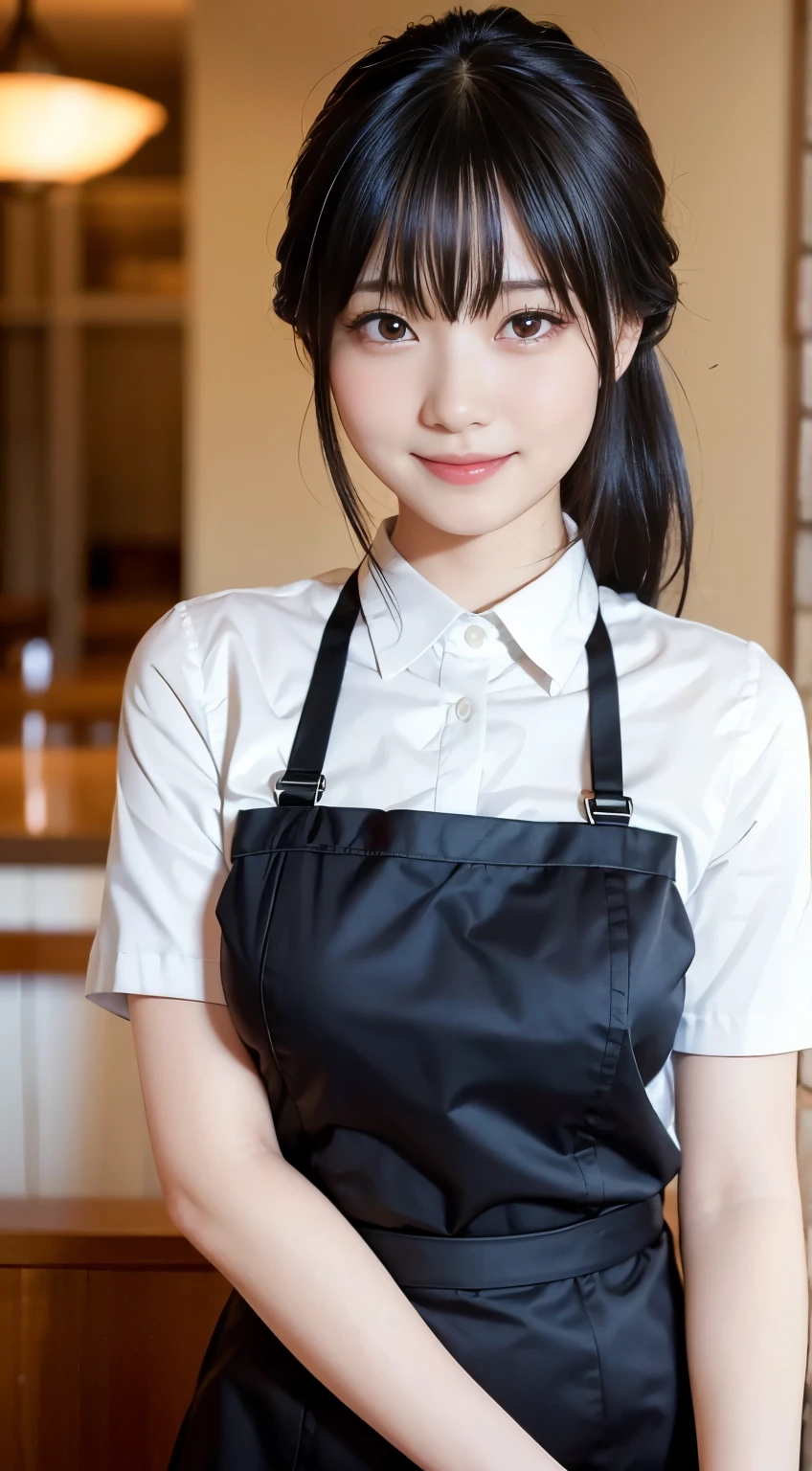 (highest quality,masterpiece:1.3,Ultra-high resolution,),(Very detailed,Caustics),(Realistic:1.4,RAW shooting,)Ultra-Realistic Capture,Very detailed,High resolution 16K human skin closeup。 Natural skin texture、,pores、、、、It must be detailed enough to be easily identifiable。 Skin tone is even and healthy looking。 Use natural light and color,restaurant,Waitress Uniform,1 girl,Japanese,18-year-old,cute,Black-haired,ponytail,Big Breasts,smile,Turn your body forward,(Front view:1.1),Looking into the camera,Cowboy Shot,