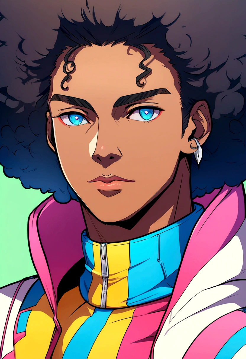 Close-up of an African man in colorful tech wear, Curly Afro, Digital illustration style, Digital illustration portrait, trending on artstration, In the art style of Bouwater, アニメの女の子のDetailed portrait, Digital anime illustration, Drawn in the style of Artgerm, A portrait of Martin at the time, Detailed portrait, Digital Illustration -, ArtJam. High detail