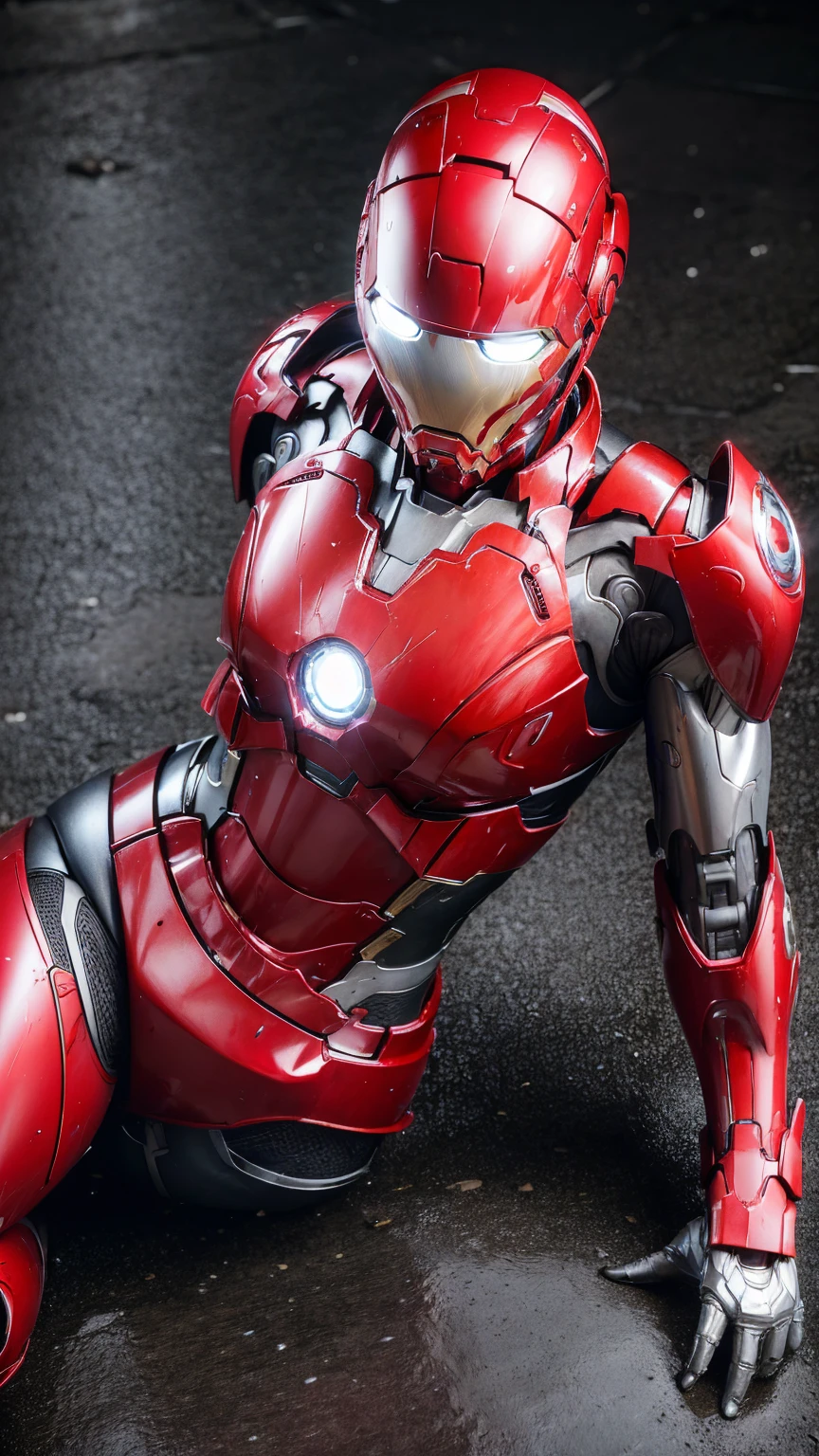 highest quality 8k red armor Iron Man Suit Middle-aged women Sweaty face short hair Steam coming out of my head My hair is wet with sweat Black Hair ((Falling to the ground)) Dead Injury Full body portrait 顔だInjury露出している