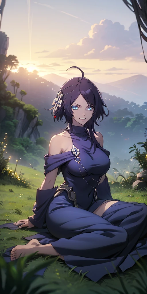 MC, ahoge, (long hari, purple hair:1.3), hair ornament, dark-blue eyes, breasts, epic art, fantasy, 1girl, grass, solo, barefoot, sitting, breasts, mountain, sunset, dress, bare_shoulders, outdoors, looking_at_viewer, off_shoulder, field, sky, lake, collarbone, mountainous_horizon, indian_style, twilight, tree, black_dress, large_breasts, scenery, medium_breasts, feet, off-shoulder_dress, (bokeh:1.3), rock, hollow eyes, bright pupils, dark-blue eyes, looking at viewer. (glowing eyes:1.3), heavy breathing, smirk, upper teeth,
