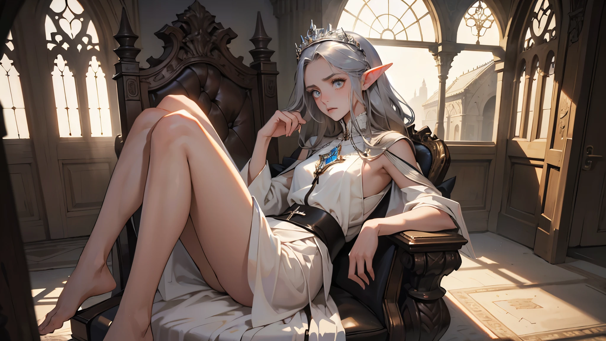 masterpiece, ultra detailed, 8K Portrait, Raw photo, a portrait photo of girl, Highly detailed face, beautiful and meticulous eyes, ((Fantasy)), (elf:1.0), 1woman, 30 year old, gray long hair, brown eyes, (melancholy expression:1.5), tiara, skinny, (ultra thin black transparent silk cloth), hooded long white coat Fluttering in the wind, ((bare foots)), Midday Sun, Hyper realistic, out of medieval castle in the sky, sitting on the throne, Ambient lighting, Shadow details , strong breeze, Light fog