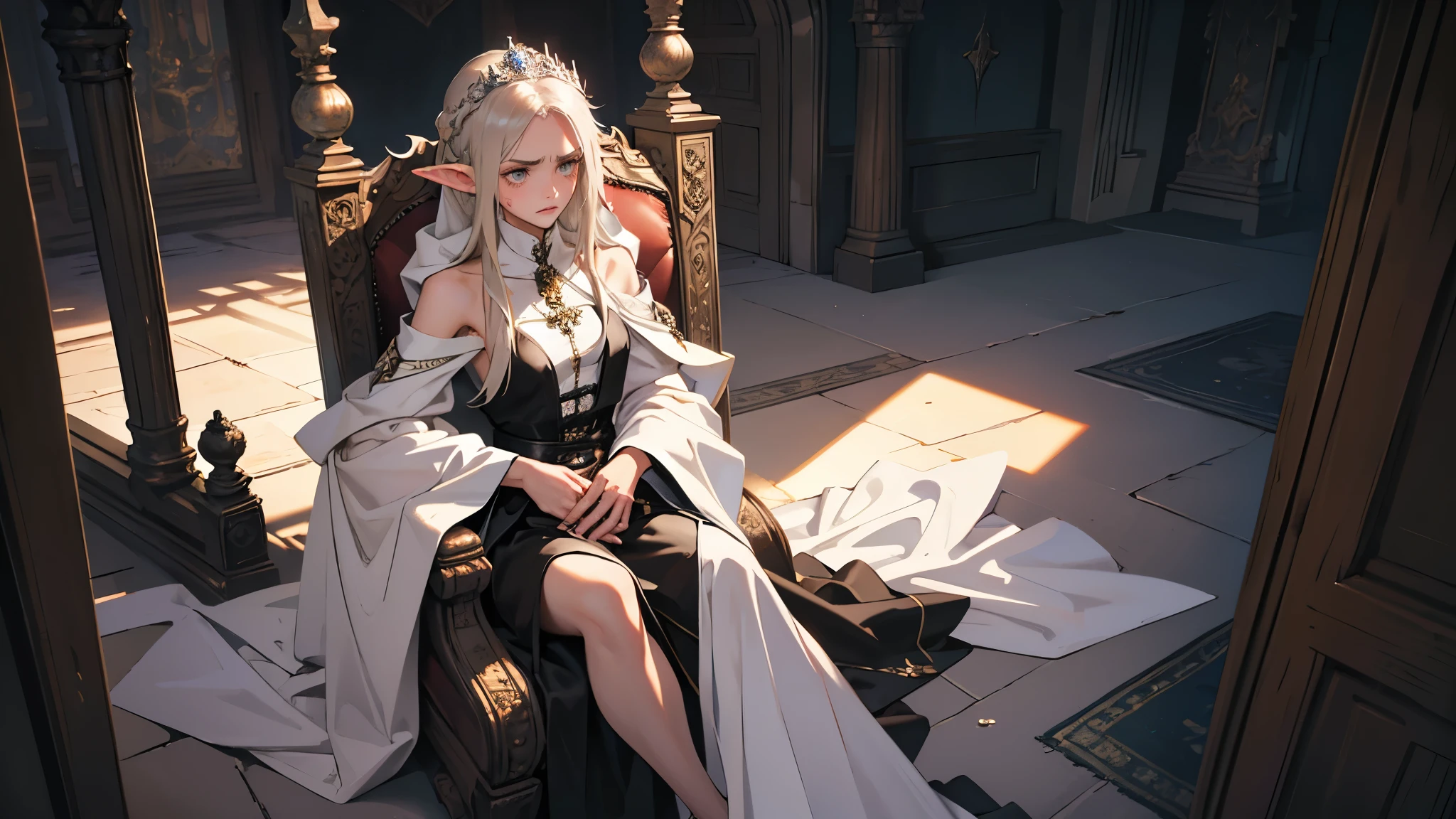 masterpiece, ultra detailed, 8K Portrait, Raw photo, a portrait photo of girl, Highly detailed face, beautiful and meticulous eyes, ((Fantasy)), (elf:1.0), 1woman, 30 year old, gray long hair, brown eyes, (melancholy expression:1.5), tiara, skinny, (ultra thin black transparent silk cloth), hooded long white coat Fluttering in the wind, ((bare foots)), Midday Sun, Hyper realistic, out of medieval castle in the sky, sitting on the throne, Ambient lighting, Shadow details , strong breeze, Light fog