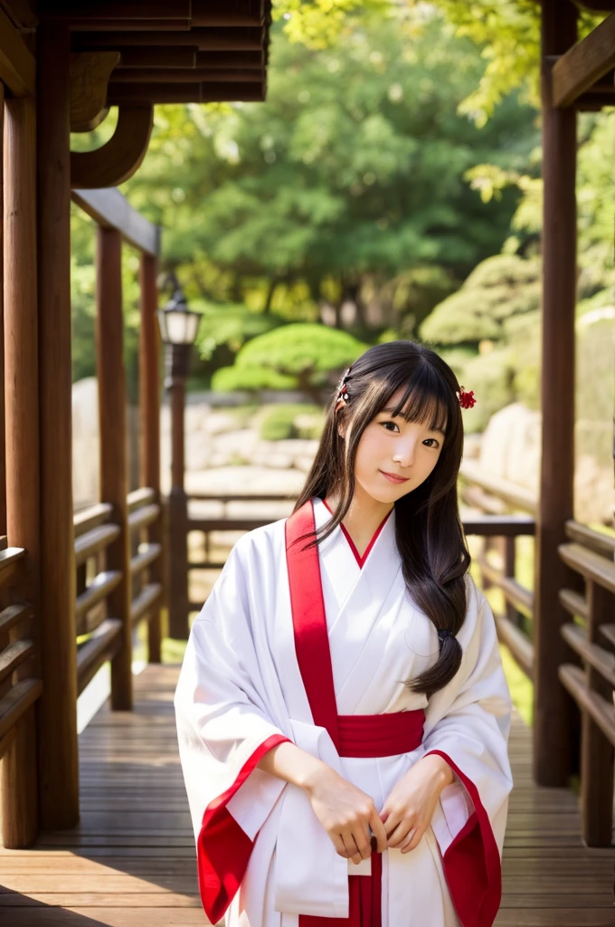 Red hakama, red Japanese style pants, Main hall of the shrine, Shrine maiden, ((full body)), ((photo)), ((best qualtiy, 8K, tmasterpiece: 1.3)), Focus: 1.2, perfect figure beautiful girl: 1.4, 1girl, cowboy shot, look at viewer, incredibly absurd, beautiful and cute girl with a photorealistic face, showcasing top-quality craftsmanship, Japanese girl sweeping the garden at the shrine, 17 years old, Her hair is half-up with smooth curls, glossy jet black long hair, Gentle features, Big deep brown eyes, Small face, Fair skin, Translucent, Smooth and silky skin, Natural eyebrow shape, Thin lips, Soft smile,, delicate, Well-balanced proportions, B cup small breasts, Simple and elegant shrine maiden costume, White robe and red hakama,, Beautiful girl, Clean, Healing, Moe, Elegant manners, kind, tolerant, humour, sincere, deep faith, January