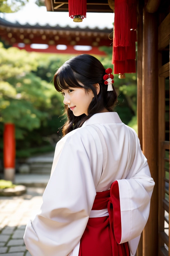 Red hakama, red Japanese style pants, Main hall of the shrine, Shrine maiden, ((full body)), ((photo)), ((best qualtiy, 8K, tmasterpiece: 1.3)), Focus: 1.2, perfect figure beautiful girl: 1.4, 1girl, cowboy shot, look at viewer, incredibly absurd, beautiful and cute girl with a photorealistic face, showcasing top-quality craftsmanship, Japanese girl sweeping the garden at the shrine, , Her hair is half-up with smooth curls, glossy jet black long hair, Gentle features, Big deep brown eyes, Small face, Fair skin, Translucent, Smooth and silky skin, Natural eyebrow shape, Thin lips, Soft smile,, delicate, Well-balanced proportions, B cup small breasts, Simple and elegant shrine maiden costume, White robe and red hakama,, Beautiful girl, Clean, Healing, Moe, Elegant manners, kind, tolerant, humour, sincere, deep faith, January