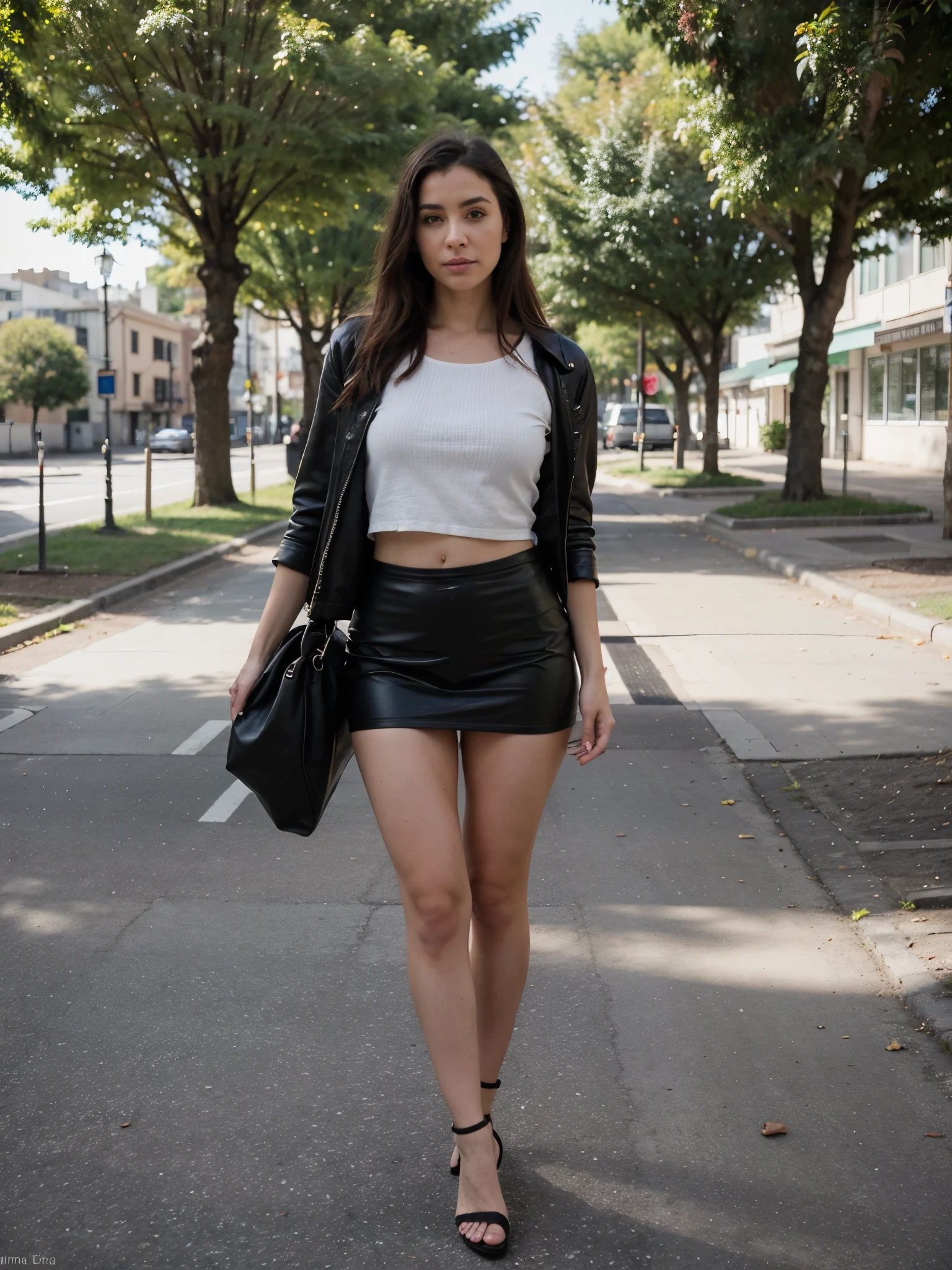 Mujer madura, 60 years, jefa, cuerpo en forma de reloj de arena, con falda y blusa blanca ajustada, caminando por un sendero, usando ropa sencilla y ajustada, caminando al trabajo, mujer impresionante, leather clothing and high heels, A Complete Portrait of the Nordic Woman, retrato vestido no desnudo, Ilana Trump, en la calle de la ciudad, en un parque de la ciudad, mujeres de cuerpo completo, ropa de cuero, vistiendo ropa negra ajustada