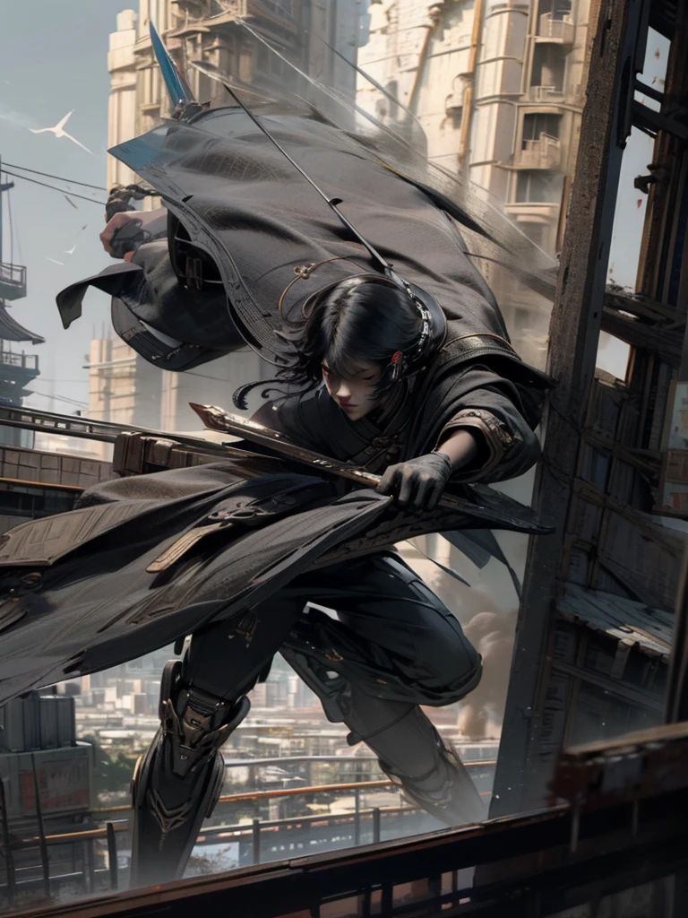 cityscape, beautiful detailed sky, boots, holding sword, elbow gloves , fighting_stance, black hair, medium hair, boy, male, comic, science_fiction, cityscape, masterpiece,best quality,official art,extremely detailed CG unity 8k wallpaper, In a sci-fi style city, a Chinese swordsman,Black Fragmented Hair,stands on the rooftop of a tall building,wielding a black straight sword,dressed in modern black clothing, gazing at,mechas,terrifying monsters with flesh and blood,soaring in the clouds,leaving the world in ruins
Behind the scenes perspective
(painting),(illustration),{beat quality}