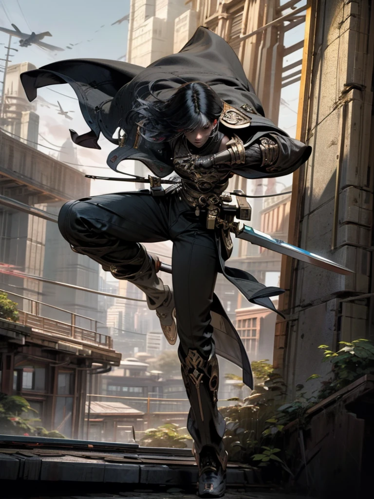 cityscape, beautiful detailed sky, boots, holding sword, elbow gloves , fighting_stance, black hair, medium hair, boy, male, comic, science_fiction, cityscape, masterpiece,best quality,official art,extremely detailed CG unity 8k wallpaper, In a sci-fi style city, a Chinese swordsman,Black Fragmented Hair,stands on the rooftop of a tall building,wielding a black straight sword,dressed in modern black clothing, gazing at,mechas,terrifying monsters with flesh and blood,soaring in the clouds,leaving the world in ruins
Behind the scenes perspective
(painting),(illustration),{beat quality}