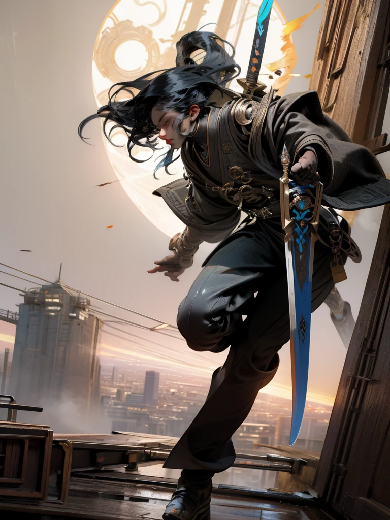 cityscape, beautiful detailed sky, boots, holding sword, elbow gloves , fighting_stance, black hair, medium hair, boy, male, comic, science_fiction, cityscape, masterpiece,best quality,official art,extremely detailed CG unity 8k wallpaper, In a sci-fi style city, a Chinese swordsman,Black Fragmented Hair,stands on the rooftop of a tall building,wielding a black straight sword,dressed in modern black clothing, gazing at,mechas,terrifying monsters with flesh and blood,soaring in the clouds,leaving the world in ruins
Behind the scenes perspective
(painting),(illustration),{beat quality}
