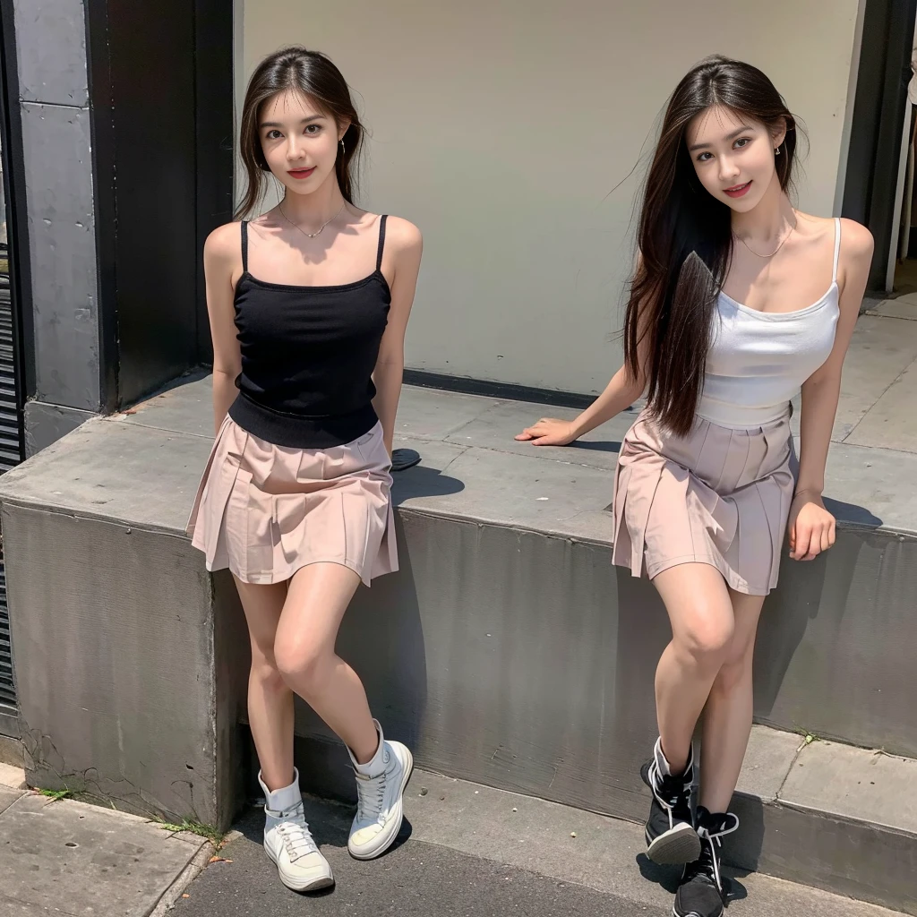 (Oversized T-shirt with excess fabric when tucked into a skirt), (Skirt full thigh), (knee-length outfit), (hair curled on both sides), (center shoes shot), ((full-body standing image)), (cover knee), (white t shirt), (Scottish pleated skirt), (strapless shirt), (bare shoulders), (bare arms), twinsies、The ultra-detailliert, (Convertible bra)), (cotton spaghetti-strap top), (cotton spaghetti-strap top), (cotton spaghetti-strap top), (cotton spaghetti-strap top), (long skirt), (A hem full flared skirt), (Hem full flared dress), (a girl pretty girl with perfect figure), (a photo of the night sky), (32K,1 20-year-old girl, The light from the rear room is backlit, Ray traching), (white sneakers), (a pair of white leather boots, highly detailed boots), (short upper chest :1.5), (pectoral muscles are large), (upper breasts are firm and round :1.5), (round breasts :1.3), (breast cleft), (Lower breasts short :1.3), (Expose upper pectoral muscles :1.2), (Scottish pleated skirt), (stand upright), (Muscules shin) ,(put on blush), (apply powder), (makeup), (standing), (asian girl princess), (Black non-reflective fabric for making skirt), (dark skirt), (thick thighs), (large calves), (large knees), (one-piece skirt), (seamless skirt), (long shins) , (big shins), (Hem full flared dress), (A hem full flared skirt), (thighs meets knee), (black skirt), (knee gap), (knee gap), (knee gap), (Expose cleavage :1.2), (Scottish pleated midi skirt) (Super fine face and eyes), (Highly detailed face and skin texture, Detailed eyes, Double eyelid), (stading shot), (stading shot), (Scottish pleated midi skirt), (knee-length outfit), (knee-length outfit), (Skirt full thigh), (leaning on the wall), (from under:1.2), (standing exactly), (center shoes shot), (she is walking), (standing), (white top), (long shins :1.5) , (large shins :1.5), (slim waist), (long waist), (whole body), (breasts pointing upwards), (Muscules shin), (large legs), (black skirt), (large shin), (thick thighs)