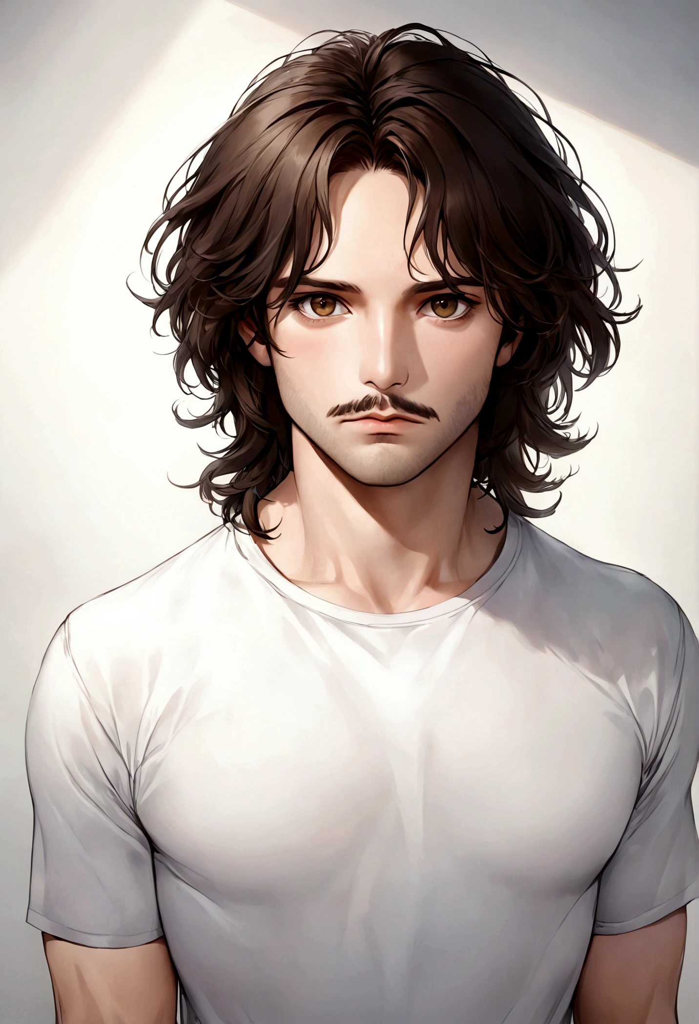 (traje de etiqueta para hombre), ), ((barba y bigote estilo verdi)), (light brown eyes), Aspecto atractivo y serio, cabello largo oscuro, messy hair, Elegante y con estilo, Camiseta de cuerpo fuerte , Un hombre similar al actor Jim Morrison, (Imagen realista y de alta calidad), Apartamento escandinavo en el fondo simple de un cuarto, ((La mejor calidad, 8K, obra maestra).((pose dinamica))