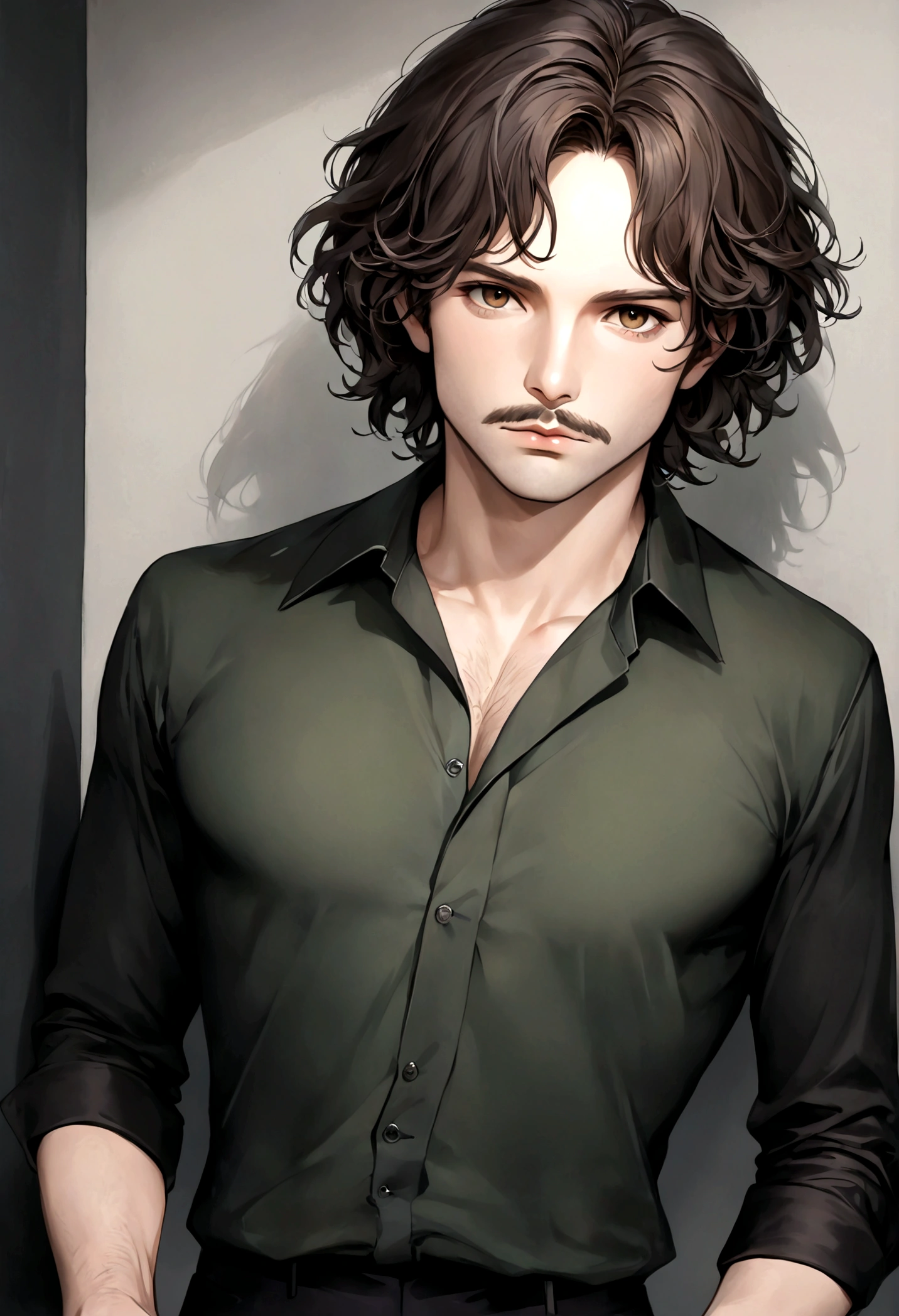 (traje de etiqueta para hombre), ), ((barba y bigote estilo verdi)), (light brown eyes), Aspecto atractivo y serio, cabello largo oscuro, messy hair, Elegante y con estilo, Camiseta de cuerpo fuerte , Un hombre similar al actor Jim Morrison, (Imagen realista y de alta calidad), Apartamento escandinavo en el fondo simple de un cuarto, ((La mejor calidad, 8K, obra maestra).((pose dinamica))