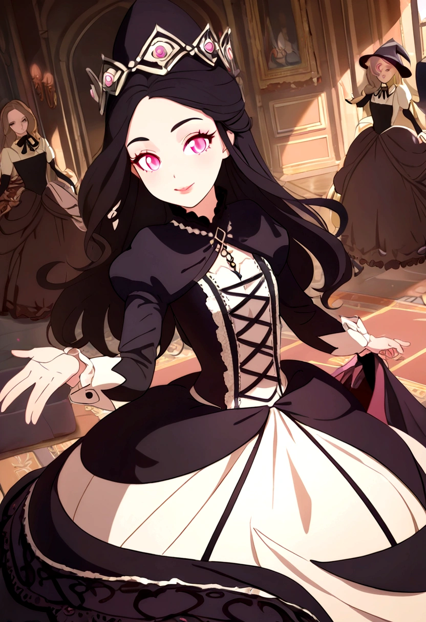 best quality,ultra-detailed,pink-eyed,long-haired girl looks happy,beautiful detailed eyes,beautiful detailed lips,long eyelashes,best quality portrait painting,detailed,physically-based rendering,ultra-fine painting,fine details,painting,a teenage boy has joined a witch coven and gets magically transformed into a cute teenage witch girl,gender bending,witches are helping dressing up the new girl, who’s happily getting dressed in a stunning black victorian dress, physically-based rendering,gorgeous dress design,flowing gown,elaborate lace details,rich textures,contrast stitching,delicate ribbon bows,floral accents,full skirt,high neckline,long sleeves,fitted waistline,flared cuffs,lace-up back,luxurious fabrics,flawless silhouette,high heels, pink-eyed girl,effeminate face,pointy hat,long black hair,witches assisting in dressing up the new girl,promptly helps the new girl getting dressed in a stunning black Victorian dress, in a old abandoned castle with worned out furniture and occultist witch symbol, high resolution, 4K, 8K