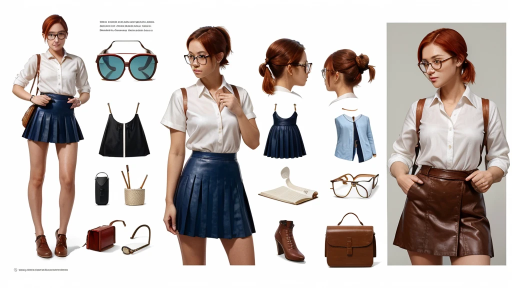 1 Girl, reference sheet, short red hair pulled back in little ponytail, book in hand, sumeru, glasses, pen, porcelain cup, long straight blue skirt, white silk shirt, magic, genshin impact, an eagle on the shoulder, brown eyes, research bag over her shoulder, dendro eye of the god, freckles, leather gloves, catalyst